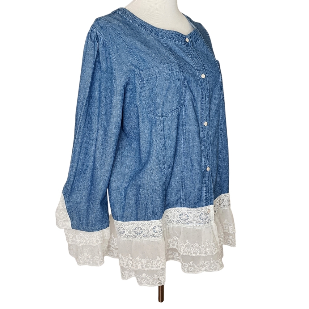 Unbranded denim jacket top blouse with lace trim front buttons 2 pockets sz lrg - Picture 5 of 14
